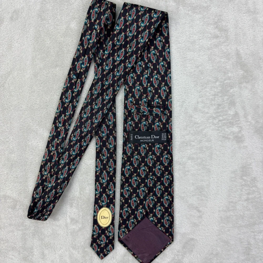 Christian Dior Tie Mens 3.5 Black Paisley Silk Vintage Formal Designer Accessory